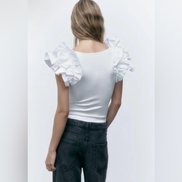 Zara White Ruffled Rib Bodysuit - Picture 3 of 16